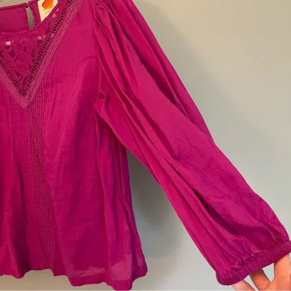 FARM Rio Anthropologie "Kelsie" Magenta V-Neck Boho Colorful Puff Sleeve Blouse - Picture 6 of 15